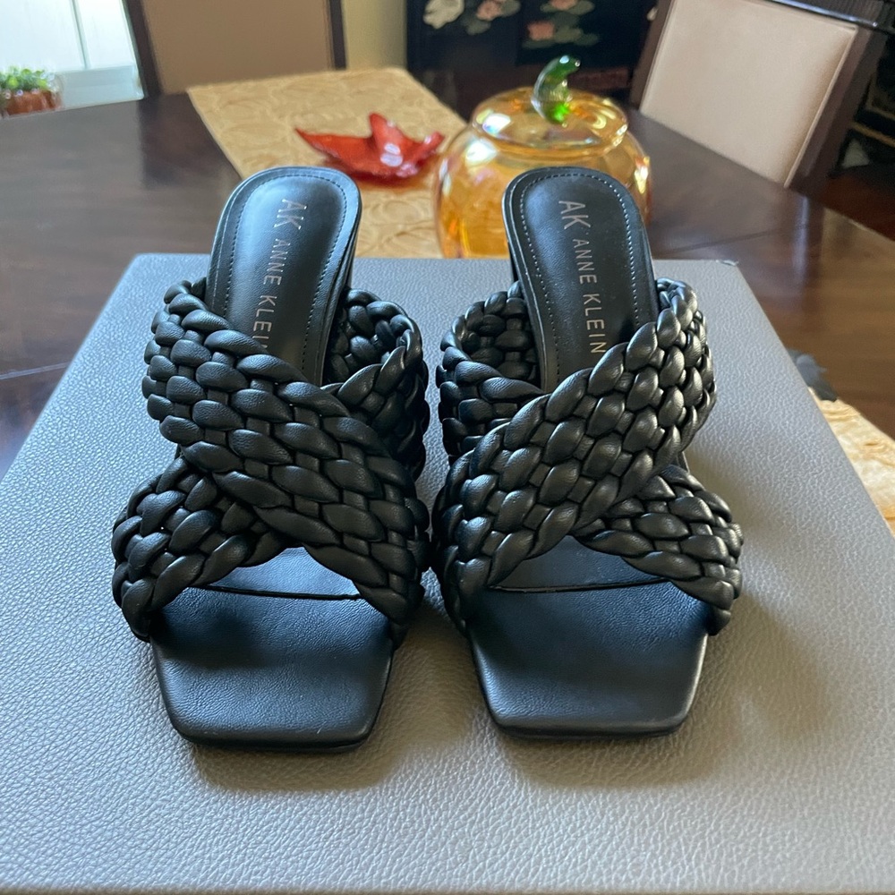 Anne Klein Misty Black Braided Crisscross Strap Heels